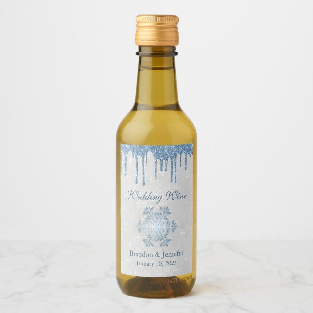 Winter Wedding Snowflake und Blue Glitzer Gefallen Weinetikett (Vorderseite)