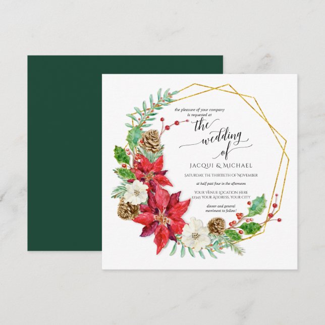 Winter Wedding Watercolor Blumenreath | Quadrat Einladung (Vorne/Hinten)