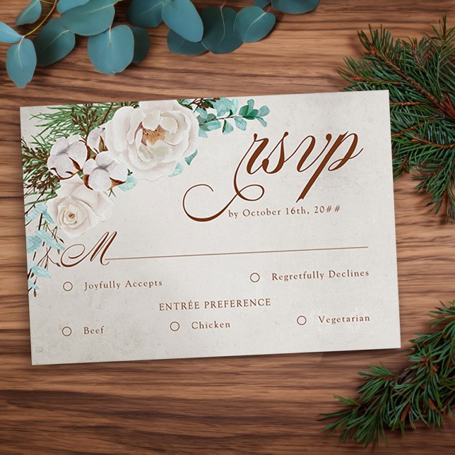 Winter Wedding White Rose UAWG mit Essensmöglichke RSVP Karte (Winter Wedding and Meal RSVP Card with elegant calligraphy, white rose, pine and eucaluptus)