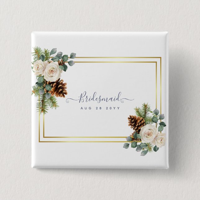 Winter Wedding White Roses Gold Dusty Blue Button (Vorderseite)