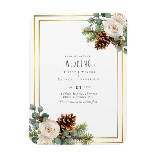 Winter Wedding White Roses Gold Dusty Blue Magnet (Vertikal)