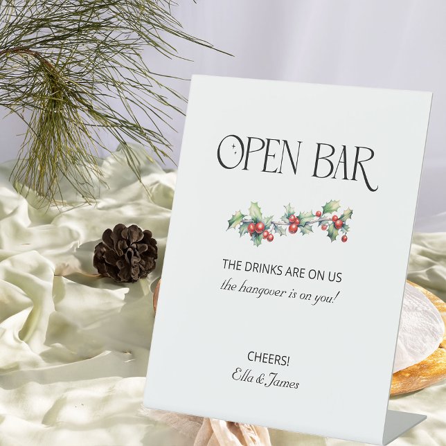 Winter Wedly Holly and Berries Open Bar Sign Sockelschild (Open Bar Sign from the Holly Bells Wedding Collection by Darling & May)