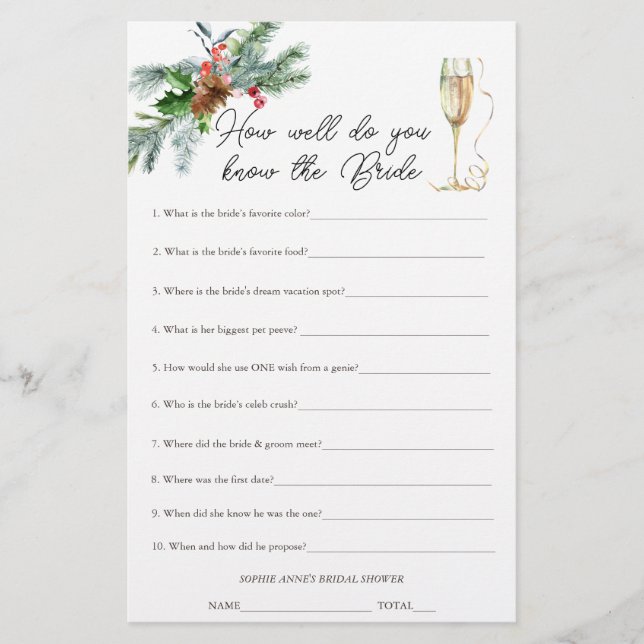 Winter-Weihnachten, die das Bride-Brautparty-Spiel (Vorderseite)