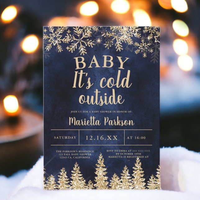Winter Weihnachten Gold Schnee Pine Marine Babydus Einladung (Winter Christmas gold snow pine navy baby shower Invitation)