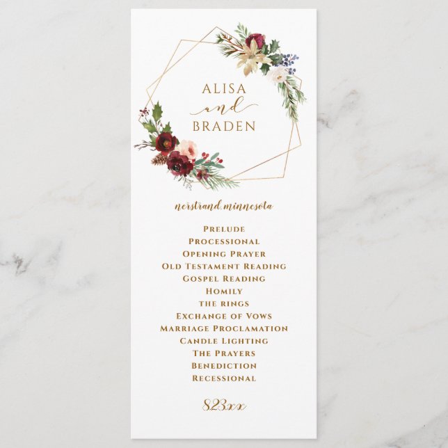 Winter Weihnachten Hochzeit Burgund Watercolor Boh Programm (Vorderseite)