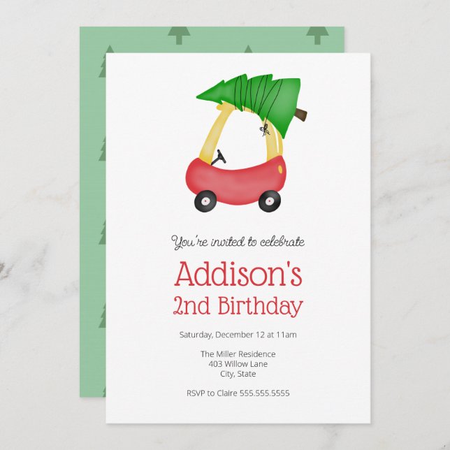 Winter Weihnachten Kleiner Roter Wagen mit Baum Ge Einladung (Vorne/Hinten)