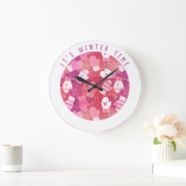 Winter Weihnachten Mittens Muster in Rosa Große Wanduhr