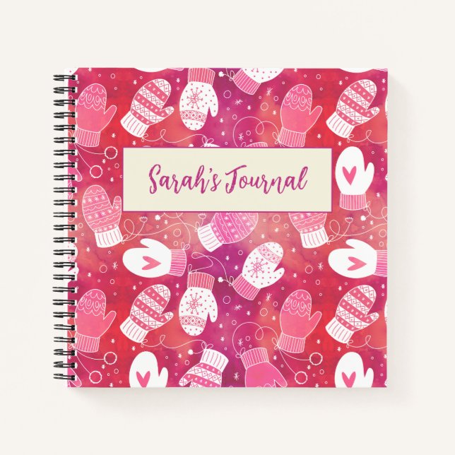 Winter Weihnachten Mittens Muster in Rosa Notizbuch (Vorderseite)