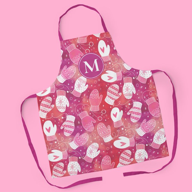 Winter Weihnachten Mittens Muster in Rosa Schürze (Pink Winter Mittens Pattern with Monogram Apron)