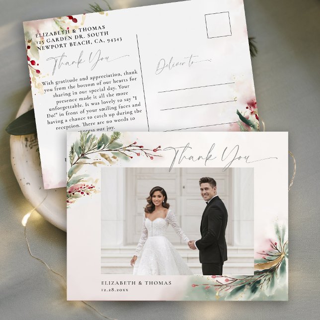 Winter Weihnachten Romantisches Hochzeitsfest Foto Postkarte (winter christmas wedding bridal shower thank you postcard greenery botanical berries red green gold )