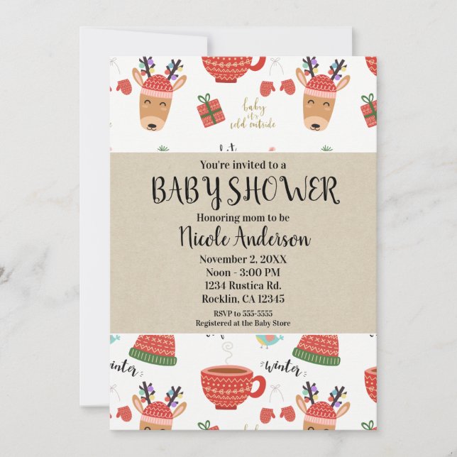 Winter Weihnachten Rustic Kraft Holiday Baby Dusch Einladung (Vorderseite)
