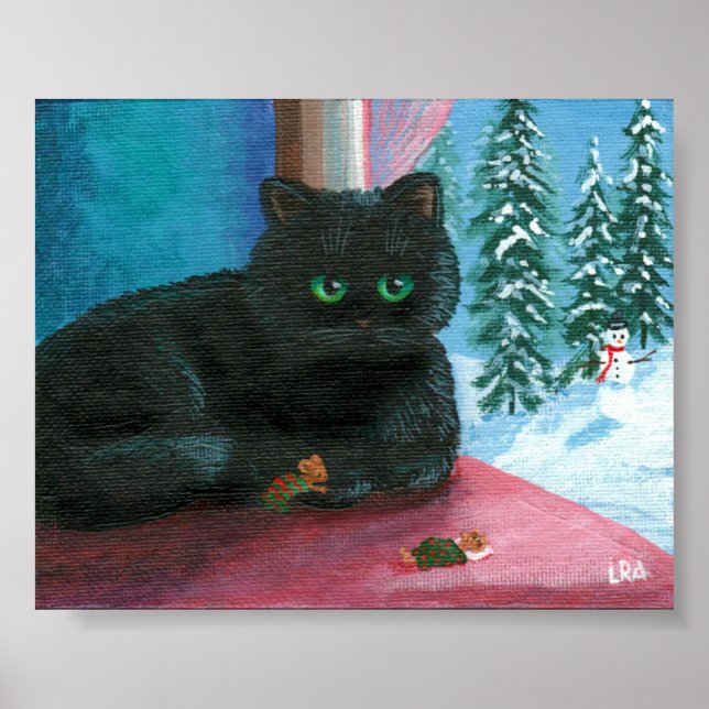 Winter Weihnachten Schwarze Katze Maus Kunst Kreat Poster (Vorne)