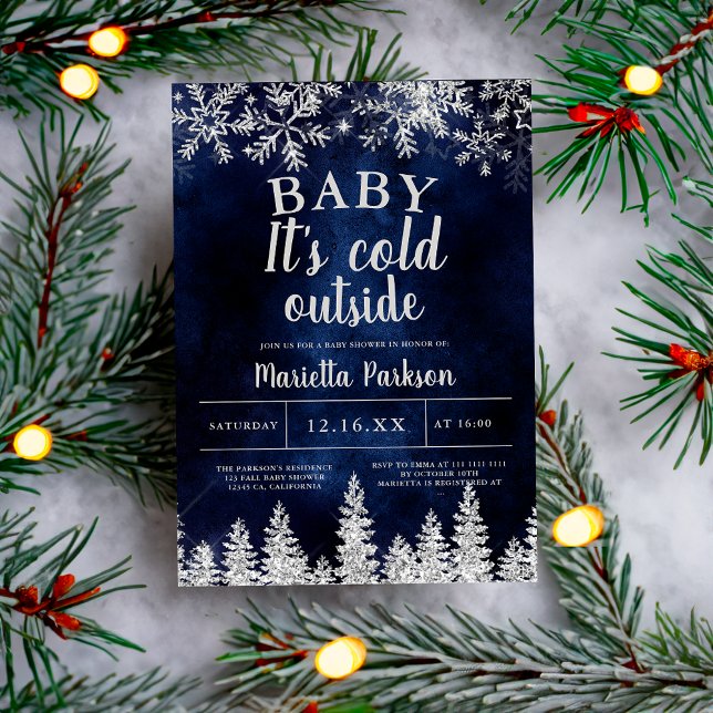 Winter Weihnachten Silber Pine Marine Babydusche Einladung (Winter Christmas silver snow pine navy baby shower Invitation)