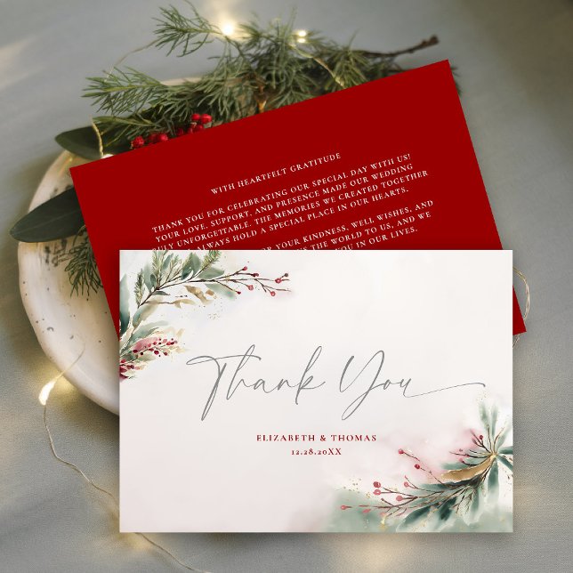Winter Weihnachten Wasserfarbe Grün Rot Grün Dankeskarte (winter christmas wedding bridal shower thank you greenery botanical berries red green watercolor)