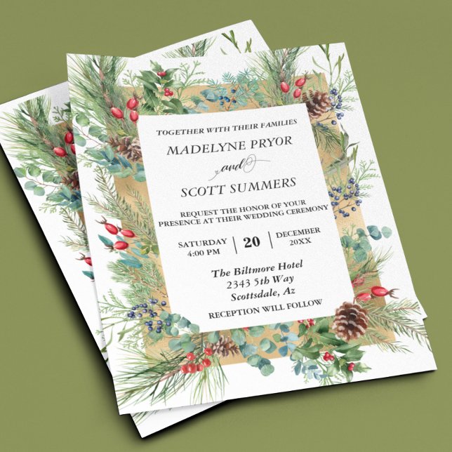 Winter Weihnachts Pine Watercolor Rahmen Hochzeit Flyer (Von Creator hochgeladen)
