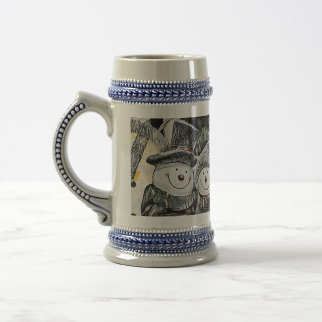 Winter, Weihnachts-Schneemann und Schneefrau zeich Bierglas (Links)