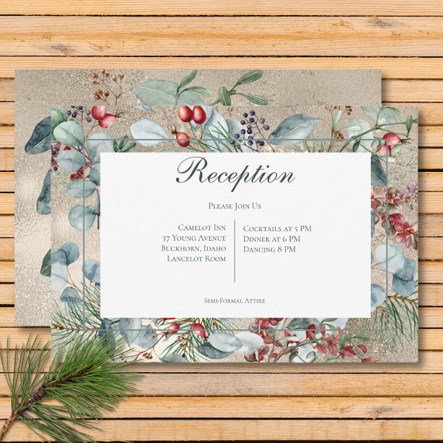 Winter Weihnachtsgrün Gold Empfang Hochzeit Begleitkarte (Winter Christmas Greenery Gold Reception Wedding Enclosure Card)