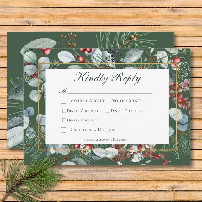 Winter Weihnachtsgrün Grün Drei Abendessen RSVP Karte (Winter Christmas Greenery Green Three Dinner RSVP Card)