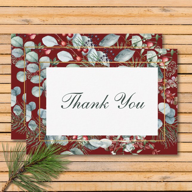 Winter Weihnachtsgrün Red Wedding Dankeskarte (Winter Christmas Greenery Red Wedding Thank You Card)