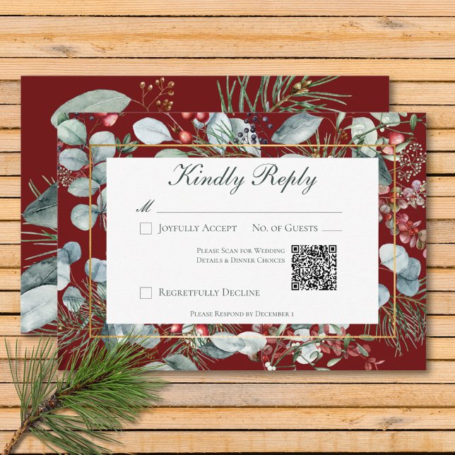 Winter Weihnachtsgrün Red Wedding QR Code RSVP Karte (Winter Christmas Greenery Red Wedding QR Code RSVP Card)