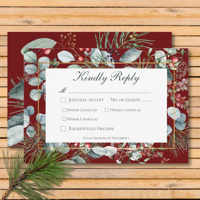 Winter Weihnachtsgrün Rote Hochzeit Drei Abendesse RSVP Karte (Winter Christmas Greenery Red Wedding Three Dinner RSVP Card)