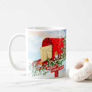 Winter-Weihnachtsvögel und ein roter Briefkasten Kaffeetasse