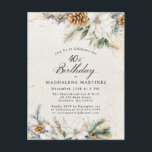 Winter Weiße Blumengrün 40. Geburtstag Einladungspostkarte<br><div class="desc">Eines unserer beliebtesten Winterblumengeschmacksmuster wird auf einer Postkarte platziert,  um Ihr Budget auf dem richtigen Weg behalten. Hübsche weiße Blume und braune Pinecone sind im Winter Kiefernwald eingebettet. Das Design ist gerahmt in einem strukturierten Elfenbeinboden mit Goldflecken.</div>