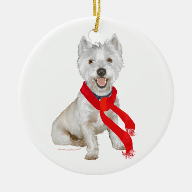 Winter Westie in einem Roten Scarf Keramik Ornament (Vorne)