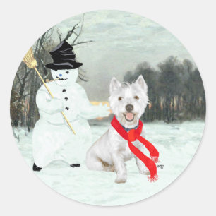 Winter Westie mit einem Schneemann Runder Aufkleber