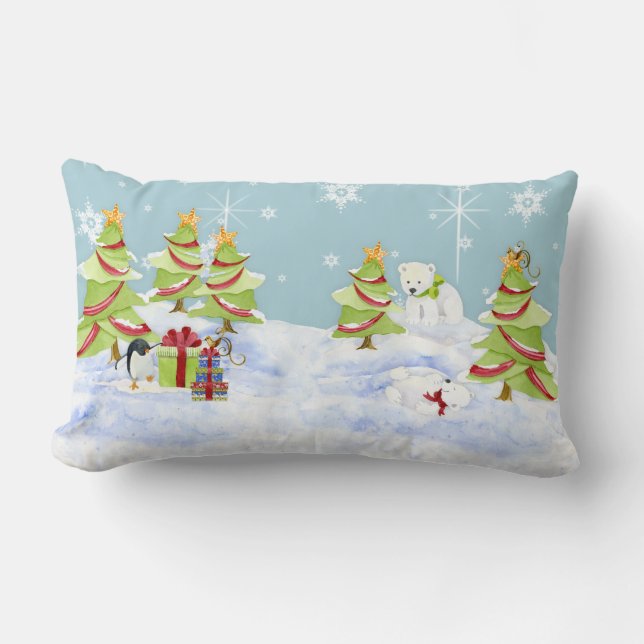 Winter Whimsey Pinguin Polar Bären Babys im Schnee Lendenkissen (Vorderseite)