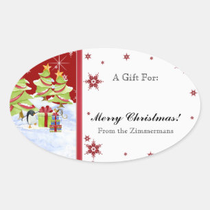 Winter Whimsy Niedlich Pinguin Babys in Snow Star Ovaler Aufkleber