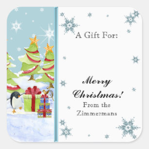 Winter Whimsy Niedlich Pinguin Babys in Snow Star Quadratischer Aufkleber