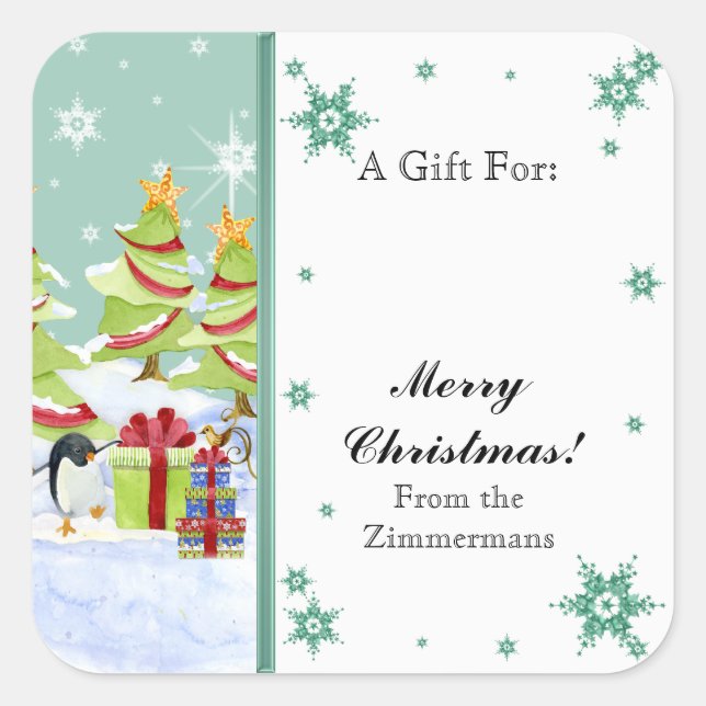 Winter Whimsy Niedlich Pinguin Babys in Snow Star Quadratischer Aufkleber (Vorderseite)