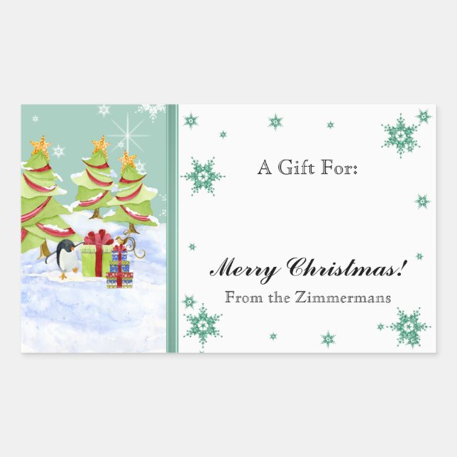 Winter Whimsy Niedlich Pinguin Babys in Snow Star Rechteckiger Aufkleber (Vorderseite)