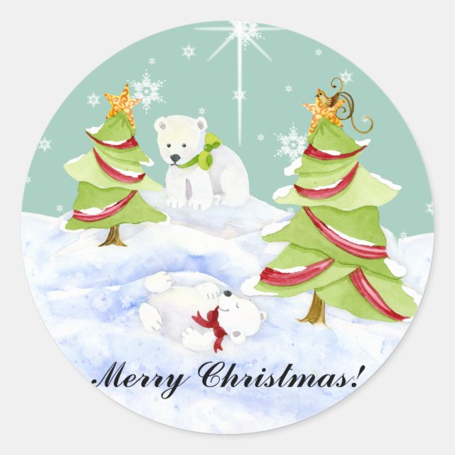 Winter Whimsy Niedlicher Eisbär Babys in Snow Star Runder Aufkleber (Vorderseite)