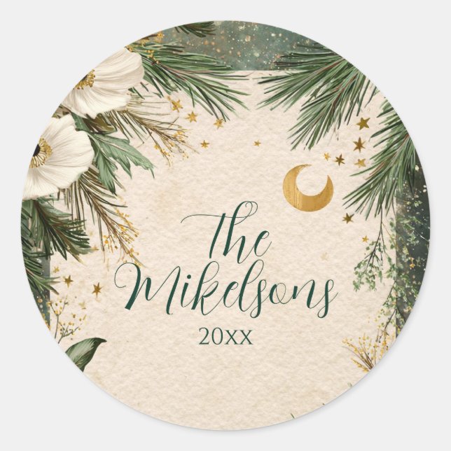 Winter White Anemone Weihnachtsfest Party Runder Aufkleber (Vorderseite)