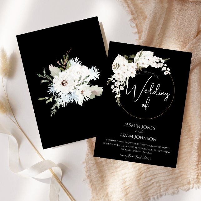 Winter White Floral Black Christmas Wreath Wedding Einladung (Winter White Floral Black Christmas Wreath Wedding Invitation)