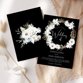 Winter White Floral Black Christmas Wreath Wedding Einladung