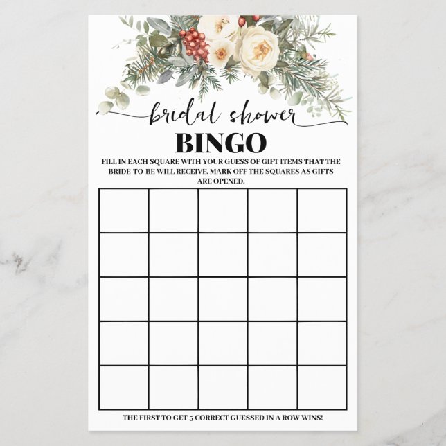 Winter White Floral Bridal Shower Bingo Game Card Flyer (Vorne)
