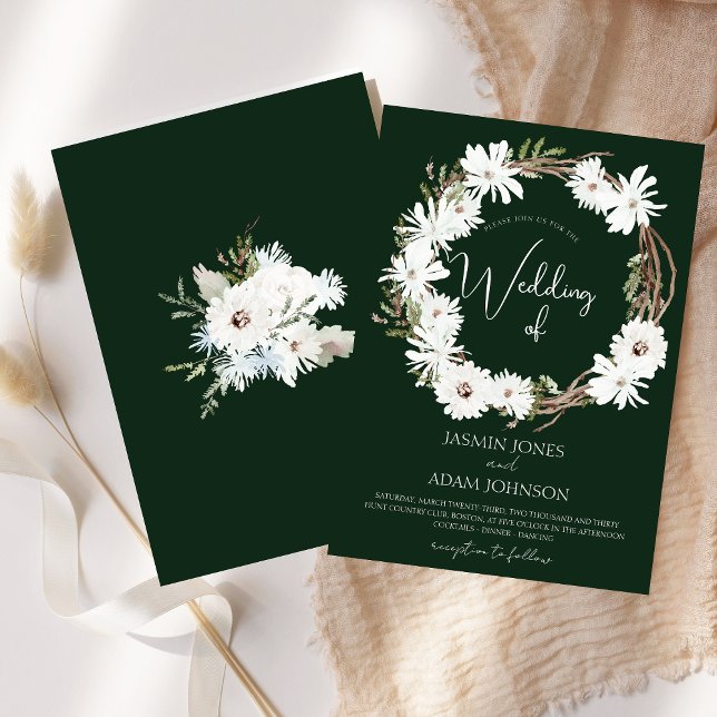 Winter White Floral Green Weihnachtsfeier Hochzeit Einladung (Winter White Floral Green Christmas Wreath Wedding Invitation)