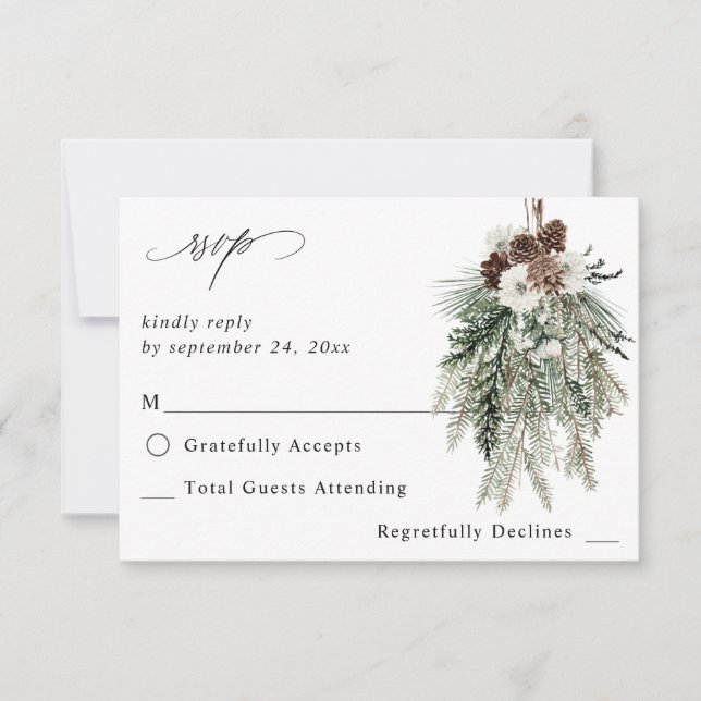 Winter White Floral & Pine no Mahl UAWG RSVP Karte (Vorderseite)