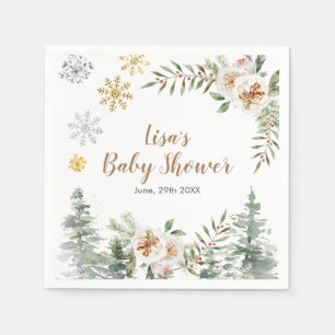 Winter White Floral Pine Tree Baby Dusche Napkin Serviette