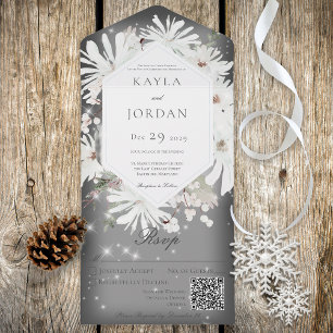 Winter White Floral Sparkle Grau QR Code All In One Einladung