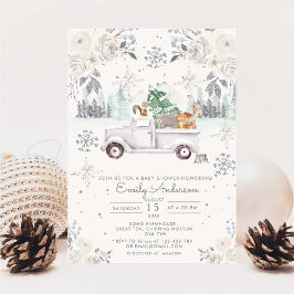 Winter White Floral Woodland Baby Dusche Einladung