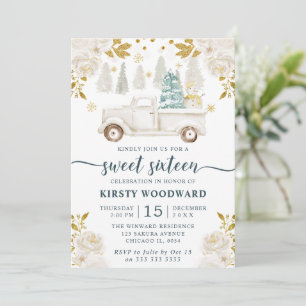 Winter White & Gold LKW Floral Sweet 16 Einladung