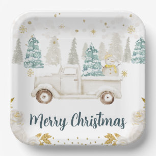 Winter White & Gold Truck Floral Frohe Weihnachten Pappteller