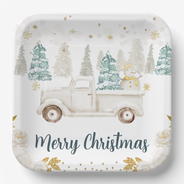 Winter White & Gold Truck Floral Frohe Weihnachten Pappteller (Vorderseite)