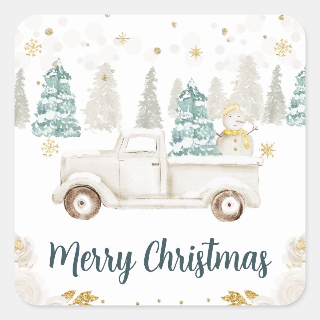 Winter White & Gold Truck Floral Frohe Weihnachten Quadratischer Aufkleber (Vorderseite)