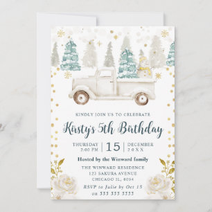 Winter White & Gold Truck Floral Geburtstag Einladung