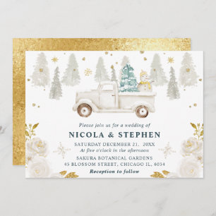 Winter White & Gold Truck Floral Wedding Einladung